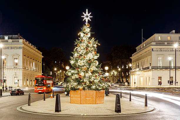 árvore de natal em waterloo place em 2016, londres - london england night city urban scene - fotografias e filmes do acervo