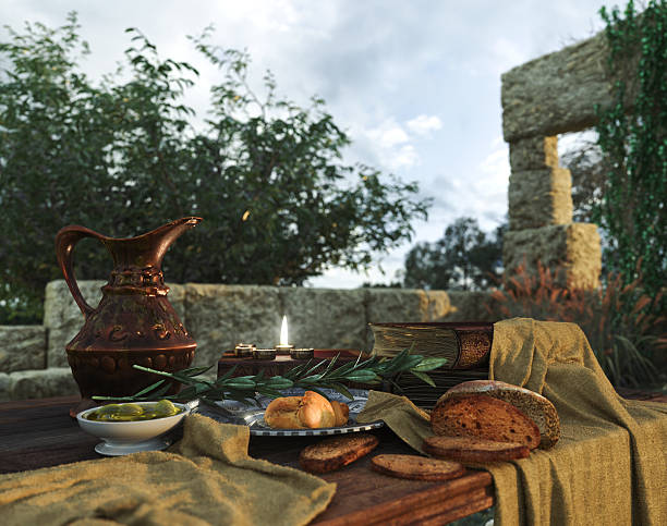 stilllife with ancient ruins, books,bread olive and pitcher stilllife on nature background with ancient ruins, books,bread olive and pitcher passover celebration stock pictures, royalty-free photos & images
