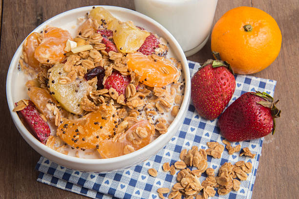 istock granola with ftuits salad on the wood background. 627270212
