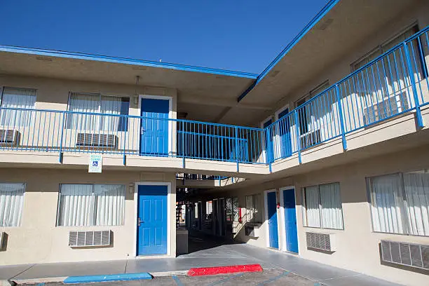 two story motel with parking lot in america