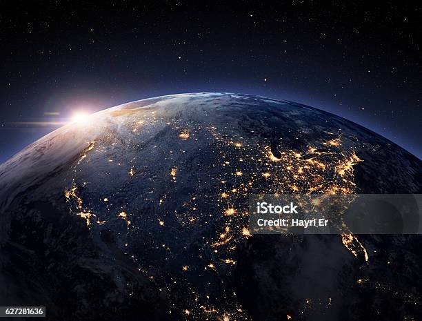 Earth Night Space Stock Photo - Download Image Now - Globe - Navigational Equipment, Satellite View, Planet Earth