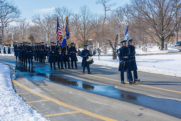 Honor Guard Marches during militery Funeral at Arlington National Cemetery stock photo