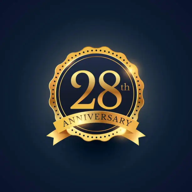 Vector illustration of 28th anniversary celebration badge label in golden color