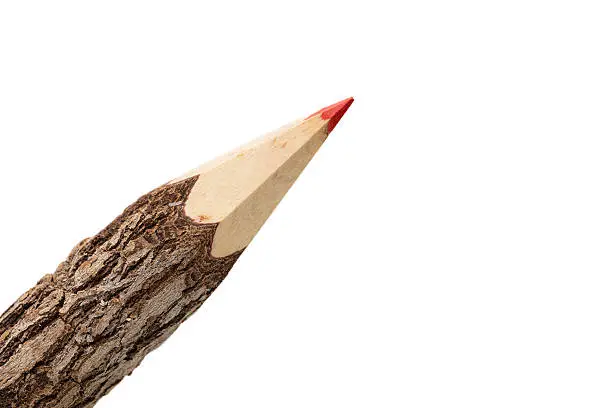 Photo of Single raw, unprocessed red wooden pencil, isolated on white bac