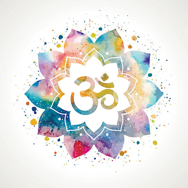 Om sign in lotus flower Om sign in lotus flower. Rainbow watercolor texture and splash . Vector isolated. Spiritual Buddhist, Hindu symbol om symbol stock illustrations