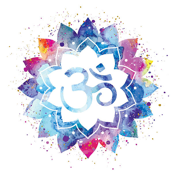 Om sign in lotus flower Om sign in lotus flower. Rainbow watercolor texture and splash. Vector isolated. Spiritual Buddhist, Hindu symbol om symbol stock illustrations