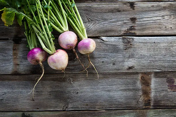 copy space for sustainable agriculture and vegetarian food with imperfect organic turnips, fresh green tops and roots on authentic old wood background, flat lay