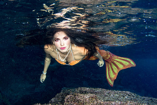 istock Mermaid swimming underwater in the deep blue sea 627298600