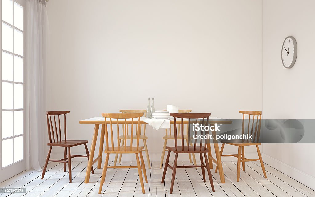 Dining-room interior.3d render. Interior of dining-room interior in scandinavic style.3d render. Dining Room Stock Photo