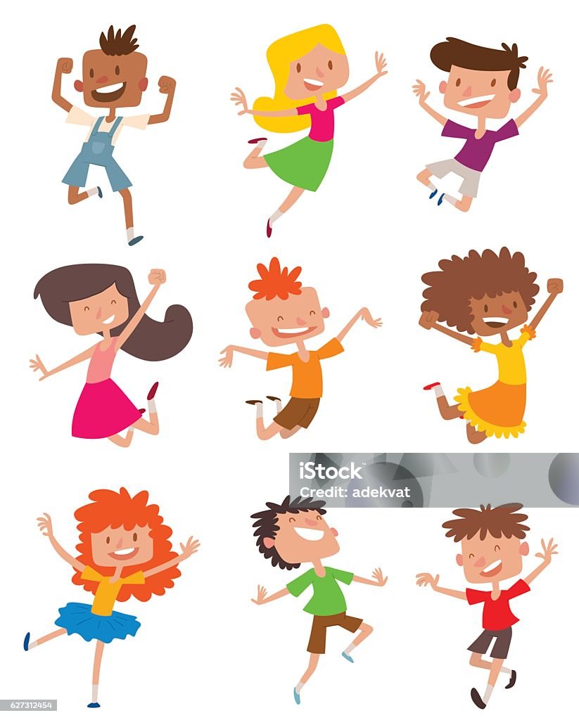 Happy children in different positions vector set. Happy children in different positions big vector collection. Jumping cheerful child group and funny cartoon kids joyful team. Laughing little people joy lifestyle characters. Child stock vector