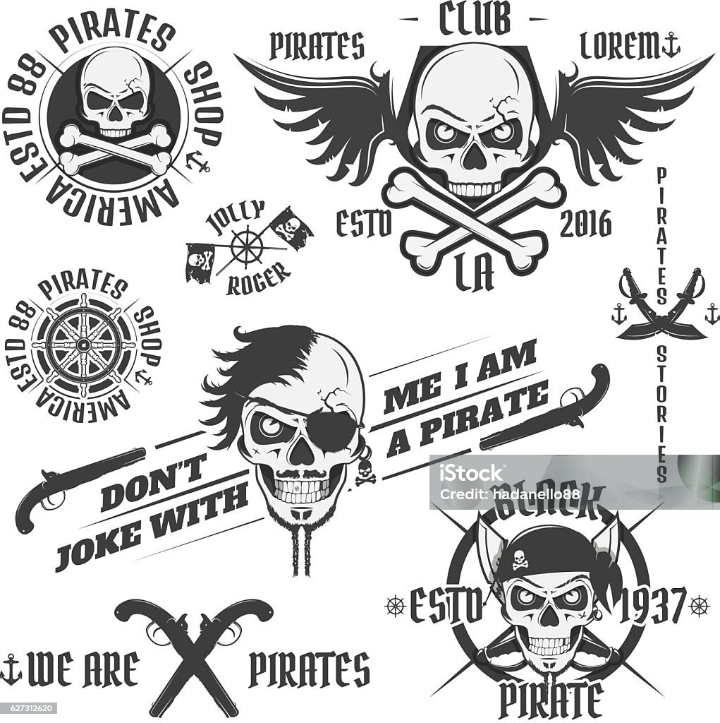 Set of vintage pirate emblems, tattoo, icon, t shirt Set of vintage pirate emblems, tattoo, icon, Vector stock vector