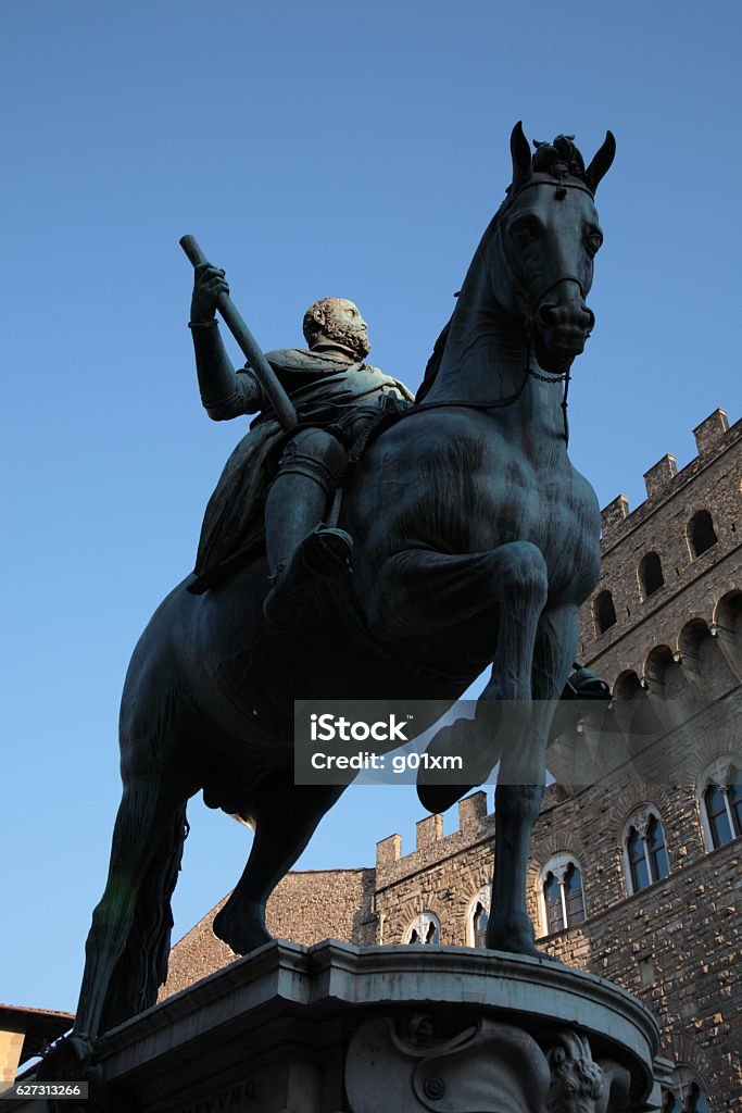 Statue of Cosimo I at Piazza della Signoria, Florence, Italy The Equestrian Monument of Cosimo I  at Piazza della Signoria, Florence, Italy Ancient Stock Photo
