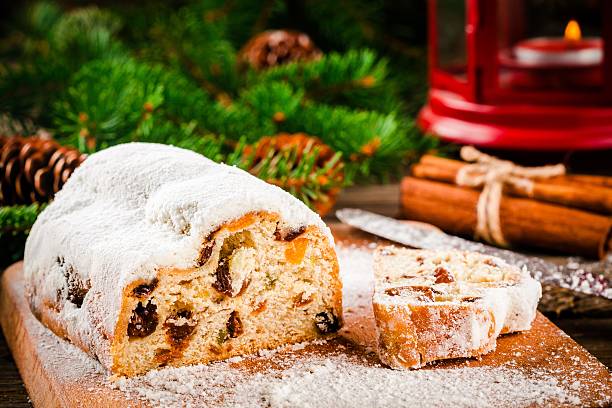 istock Traditional christmas stollen fruit cake 627313310