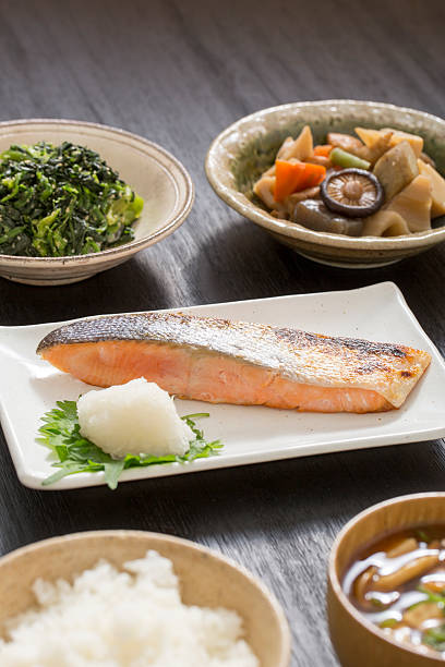 istock Grilled salmon with Japanese food 627316238