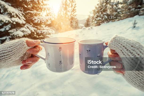 Couple Hands With Mugs With Hot Tea In Winter Forest Stock Photo - Download Image Now