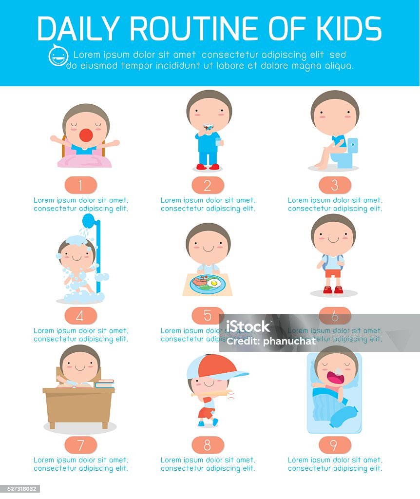 tägliche Routine von glücklichen Kindern. Infografikelement. Gesundheit und Hygiene - Lizenzfrei Morgen Vektorgrafik