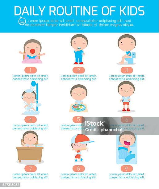 Tägliche Routine Von Glücklichen Kindern Infografikelement Gesundheit Und Hygiene Stock Vektor Art und mehr Bilder von Morgen