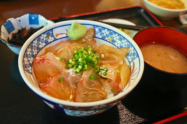 Japanese Sea Bream Sushi Rice Bowl Meal Combo Japanese sea bream sushi rice bowl meal combo, focus on rice bowl rice bowl restaurant stock pictures, royalty-free photos & images