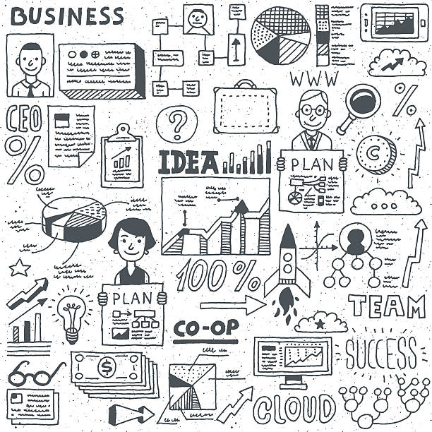 ilustrações, clipart, desenhos animados e ícones de funny doodle business set. ilustração vetorial desenhada à mão. - infographic success business meeting