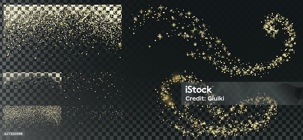Gold Falling snow. Gold Falling Christmas snow, isolated on transparent background. Golden Snowflakes, snowfall, winter blizzard. Drawn elements, Vector illustration, separated editable layers, brushes for creation. Gold - Metal stock vector