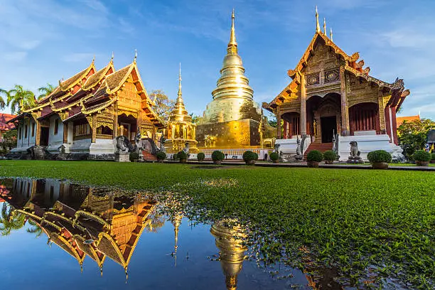 Photo of Wat Phra Singh temple and reflection in water. Chiang Mai