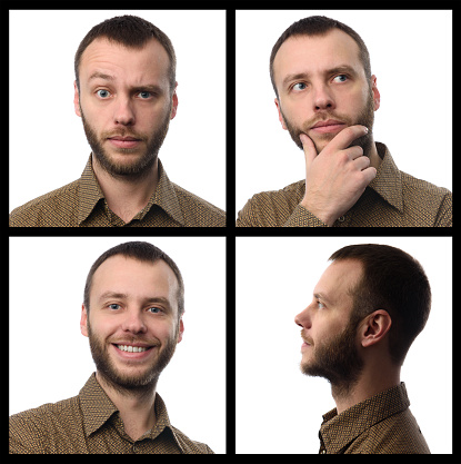 portrait of bearded guy over white background. Emotions collage
