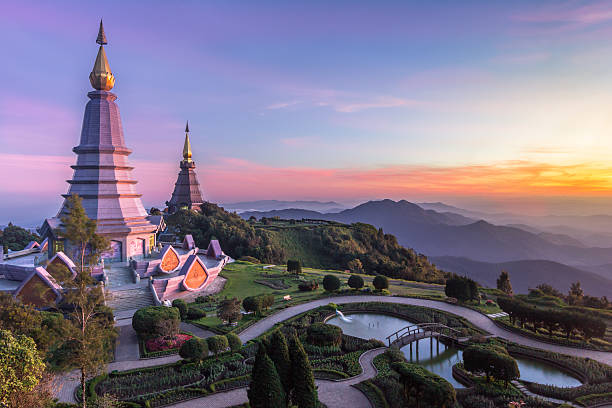 istock Noppamethanedol and Noppapol Phumsiri pagoda and sunset sky. Doi Inthanon. 627330154