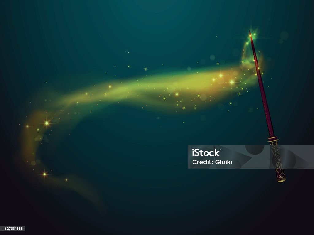 Magic wand with spell. Magic wand set, magical objects collection, Isolated on background, separated editable elements: stars, lights,... Hand drawn elements, Vector illustration. Wizard tool, Magic wand with spell. Magic Wand stock vector