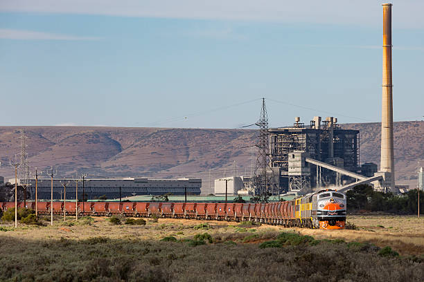 industrial heritage: decommissioned power station, venerable locomotives - train coal mining australia imagens e fotografias de stock