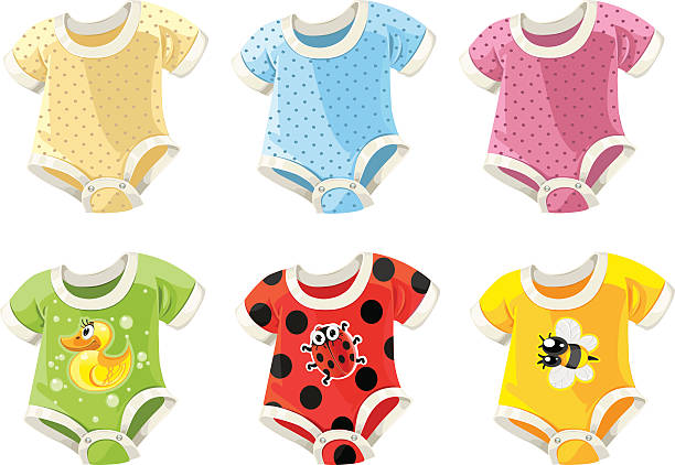 ilustraciones, imágenes clip art, dibujos animados e iconos de stock de lindos disfraces coloridos para bebés con divertidos estampados - river wear illustrations