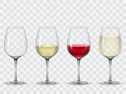 Set transparent vector wine glasses empty, with white and red wine.