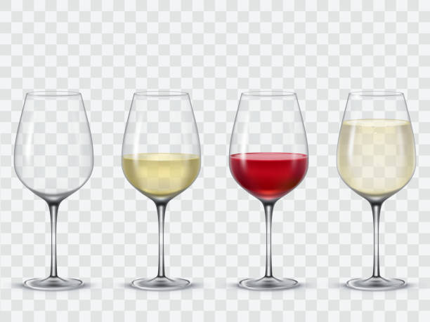 Set transparent vector wine glasses Set transparent vector wine glasses empty, with white and red wine. merlot grape stock illustrations