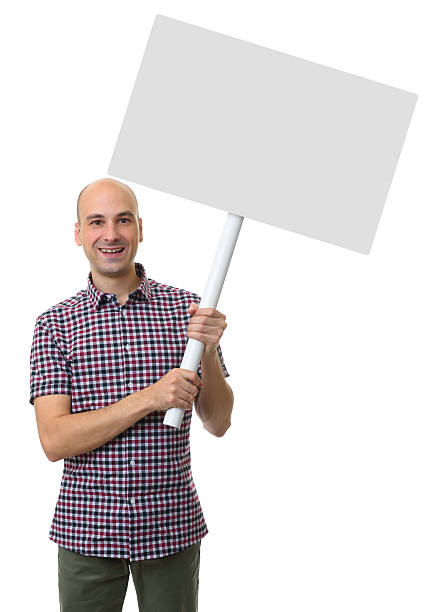 istock happy man showing white blank banner 627343924