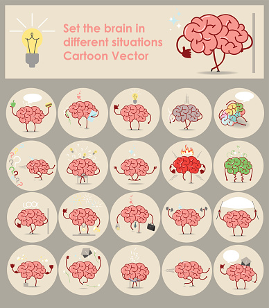 Set stickers brains in different situations. Vector cartoon icons
