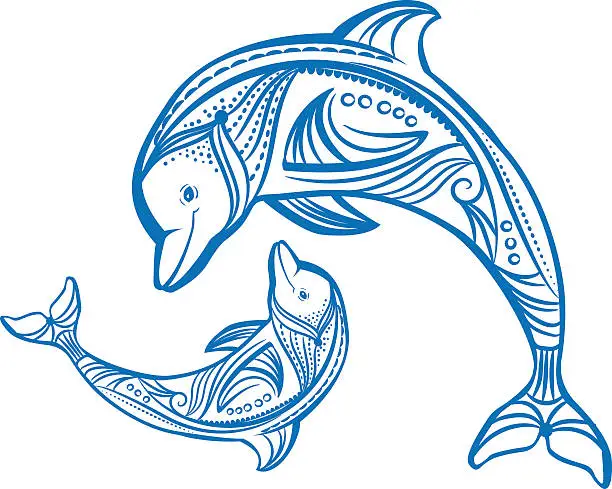 Vector illustration of Sketch of decorated blue dolphin