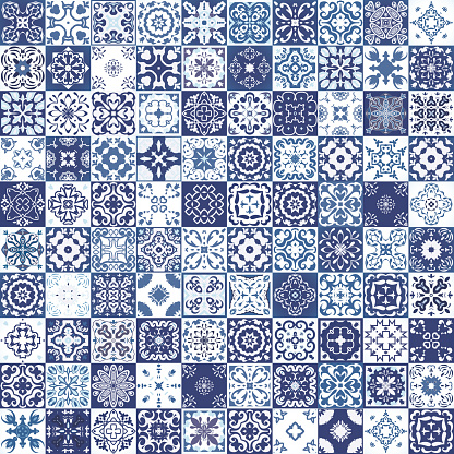 Mega Gorgeous seamless patchwork pattern from colorful Moroccan tiles, ornaments. Can be used for wallpaper, pattern fills, web page background,surface textures.Luxury oriental tile seamless pattern. Colorful floral patchwork background. Boho chic style. Rich flower ornament. Square design elements. Portuguese moroccan motif. Unusual flourish print.