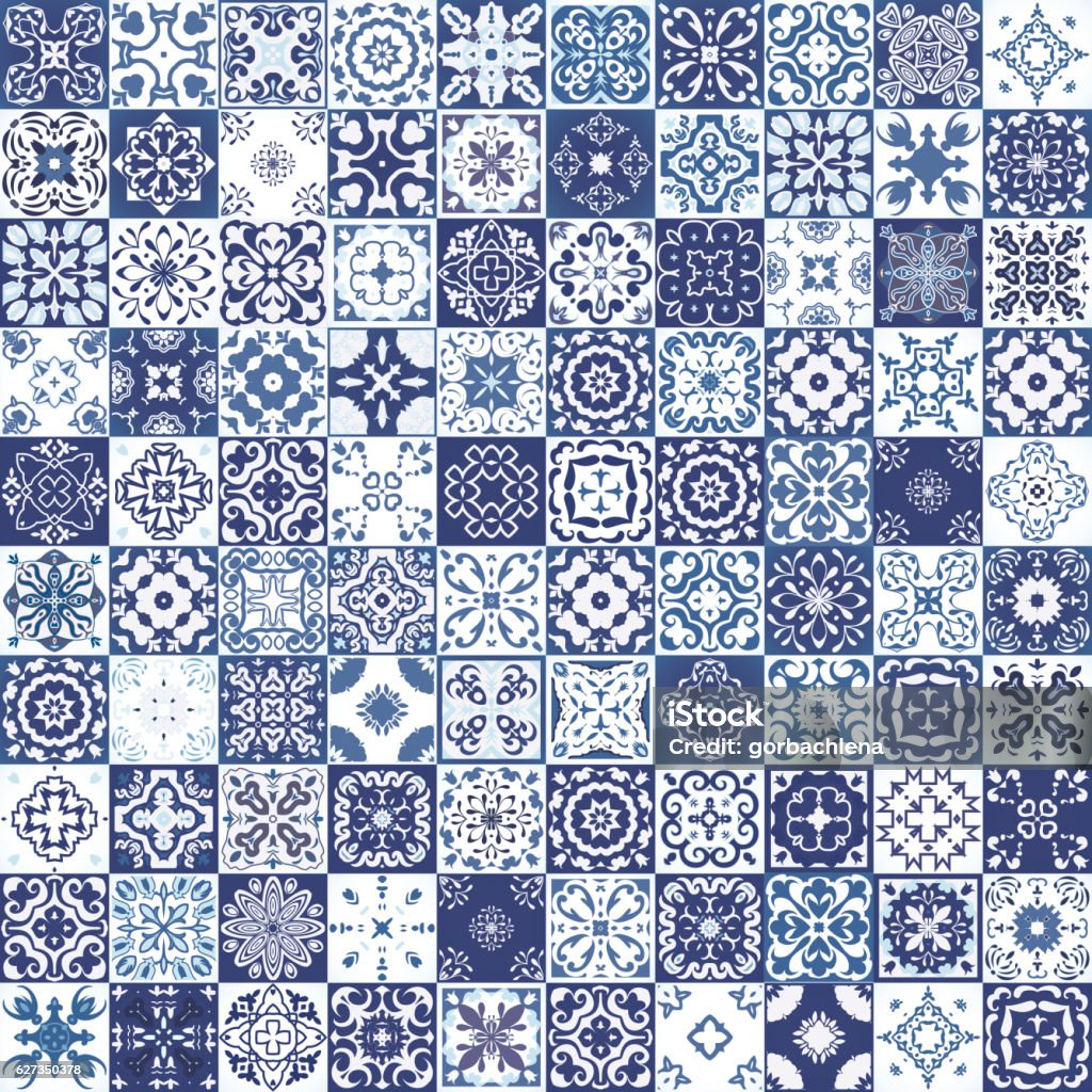 Seamless patchwork pattern from colorful Moroccan tiles, ornaments. textures. Mega Gorgeous seamless patchwork pattern from colorful Moroccan tiles, ornaments. Can be used for wallpaper, pattern fills, web page background,surface textures.Luxury oriental tile seamless pattern. Colorful floral patchwork background. Boho chic style. Rich flower ornament. Square design elements. Portuguese moroccan motif. Unusual flourish print. Mosaic stock vector