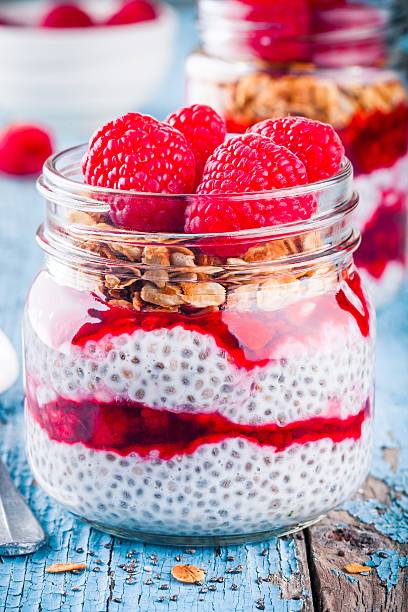istock chia pudding with raspberry sauce, granola and fresh raspberries 627351606