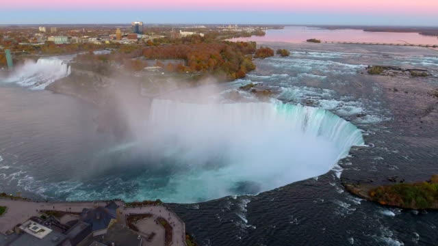 Aerial video Niagara Falls at dusk