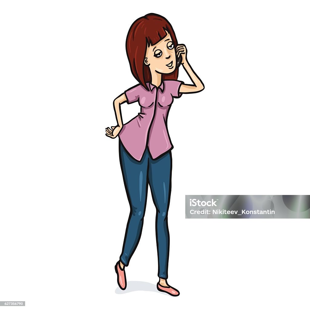 Vector Cartoon Character Girl Talking With Cell Phone Stock Illustration -  Download Image Now - iStock