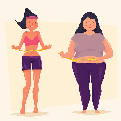 Slim and fat girl maeasuring waist