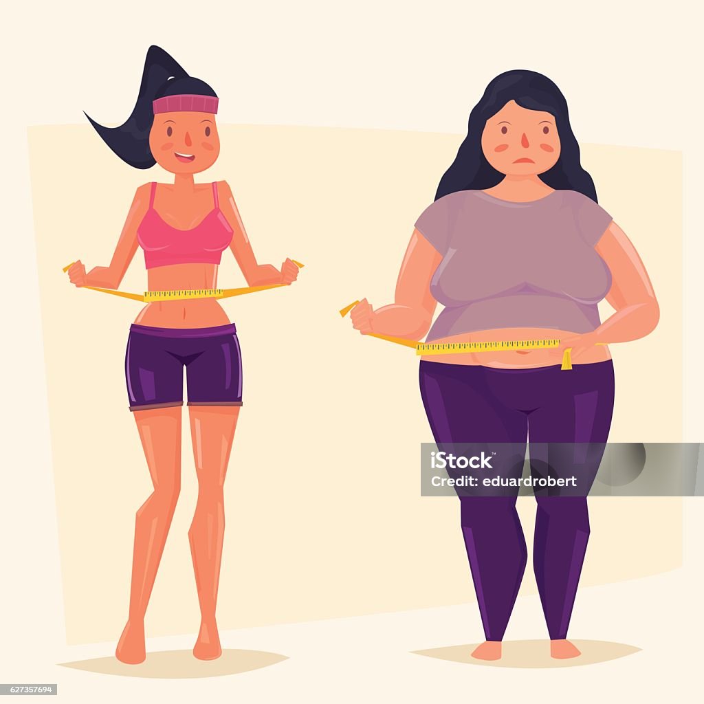 Slim And Fat Girl Maeasuring Waist Stock Illustration - Download Image Now  - Overweight, Women, Slim - iStock