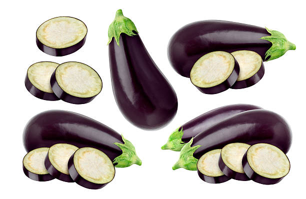 aubergine isoliert auf weißem hintergrund, mit clipping-pfad - eggplant stock-fotos und bilder