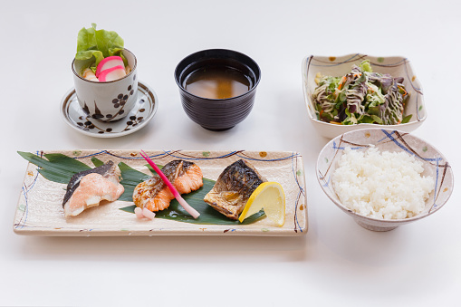 Salmon Teriyaki Set that Served with Japanese Steamed Rice, Salad, Japanese Steamed Egg and Miso Soup.