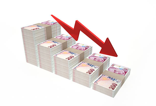 istock Decreasing value of Turkish Lira on white background. 627364598