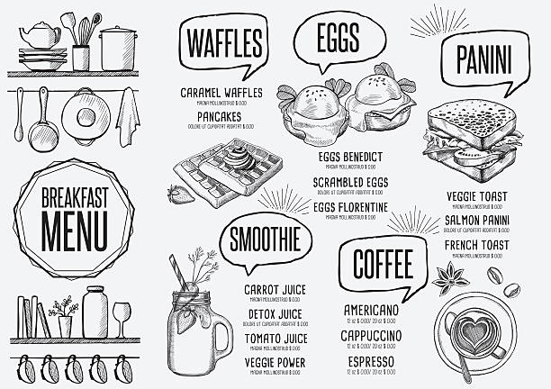 illustrations, cliparts, dessins animés et icônes de petit déjeuner de la carte du restaurant, nourriture template set de table. - oeuf poché