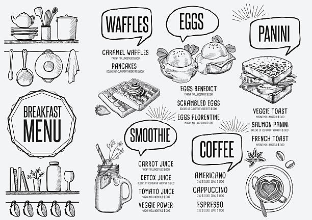 Menu breakfast restaurant, food template placemat. Breakfast menu placemat food restaurant brochure, template design. Vintage creative dinner flyer with hand-drawn graphic. calories in eggs benedict stock illustrations