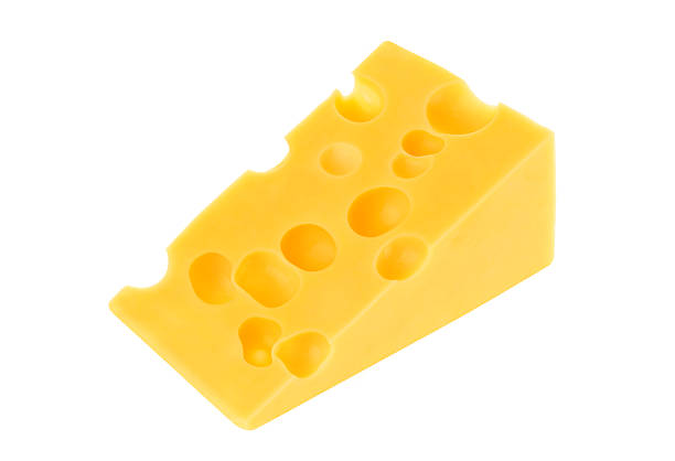 istock Triangle of Swiss cheese isolated on white 627370568