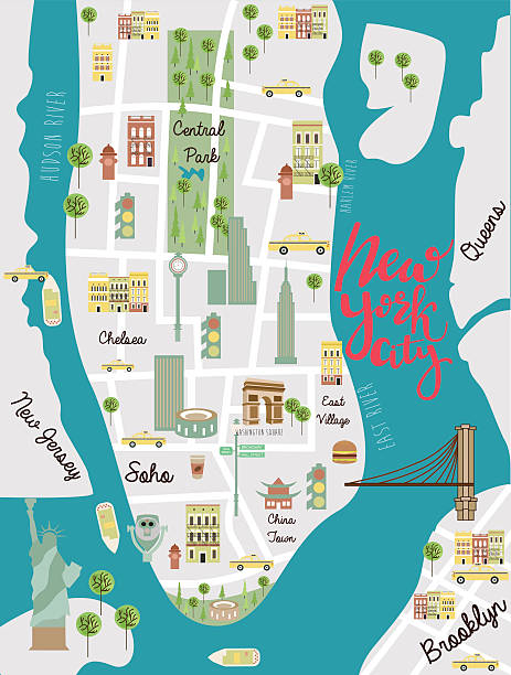 ilustrações, clipart, desenhos animados e ícones de mapa ilustrado da cidade de nova york - manhattan