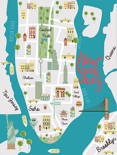 illustrated map of new york city - kartografya illüstrasyonlar stock illustrations